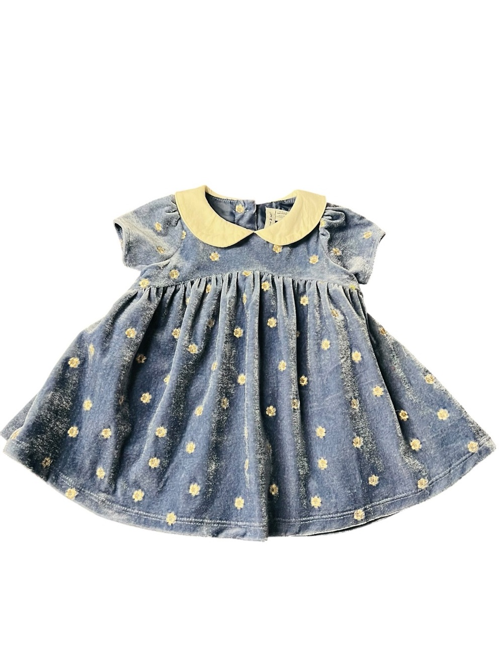 Janie and Jack Blue Velvet Look Dress with White Collar and Floral Embroidery